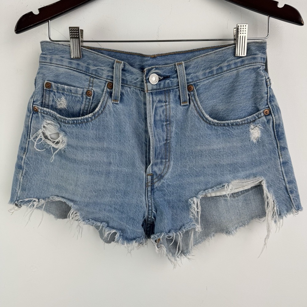 Levis 501 Shorts Womens 26 Blue Denim Distressed Cutoff Button Frayed Raw Hem